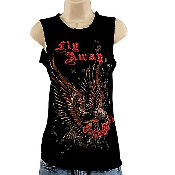 Excellent Twenty One Women’s Black Fly Away Graphic CutOff Sleeveless Tee Medium - Picture 2 of 5